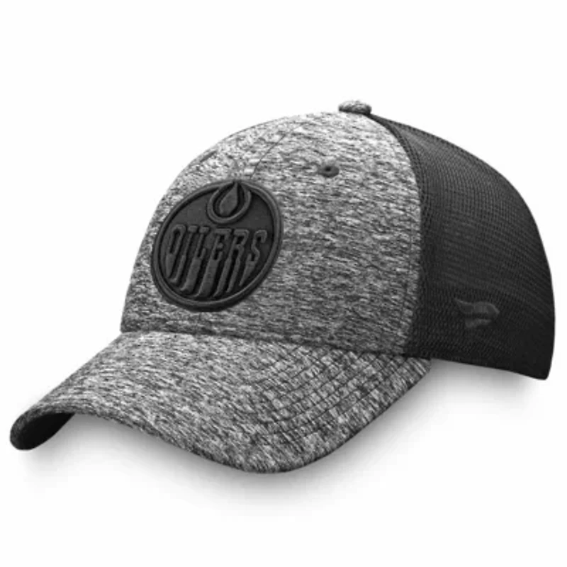 NHL Fanatics Heathered Black/Black Edmonton Oilers Authentic Pro Training & Travel Trucker Flex Hat