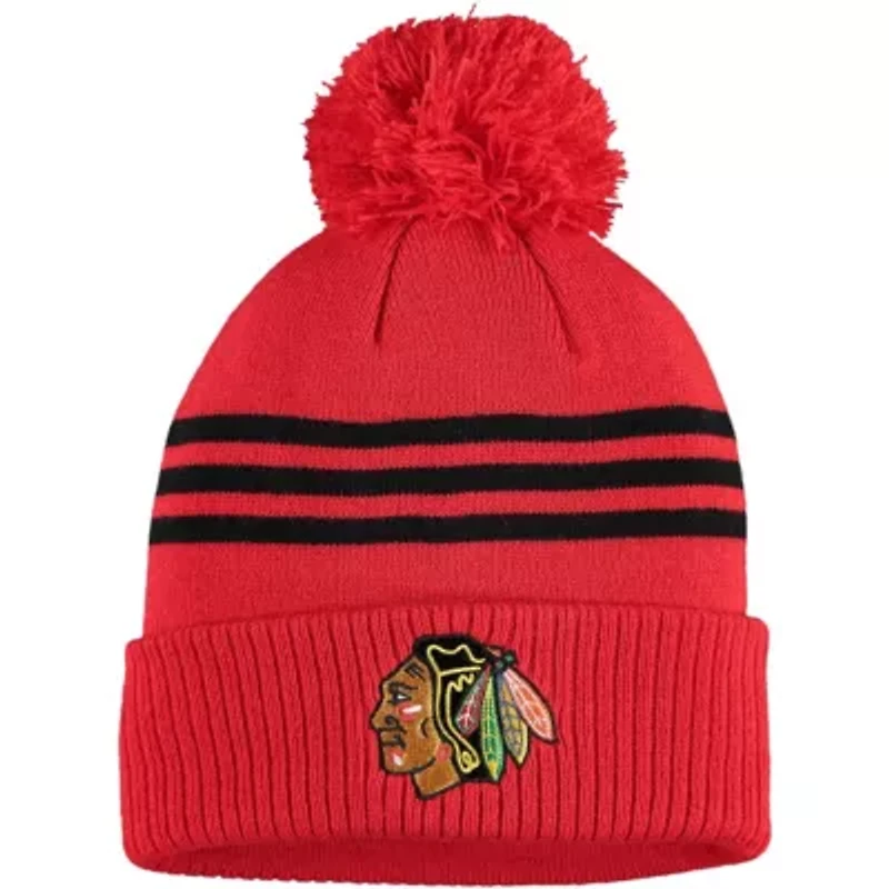 NHL Chicago Blackhawks Locker Room Three Stripe Cuffed Knit Hat with Pom