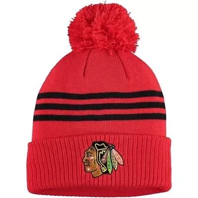 NHL Chicago Blackhawks Locker Room Three Stripe Cuffed Knit Hat with Pom