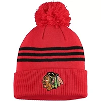 NHL Chicago Blackhawks Locker Room Three Stripe Cuffed Knit Hat with Pom