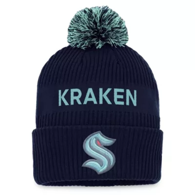 NHL Fanatics Deep Sea Blue/Light Seattle Kraken 2022 NHL Draft Authentic Pro Cuffed Knit Hat with Pom