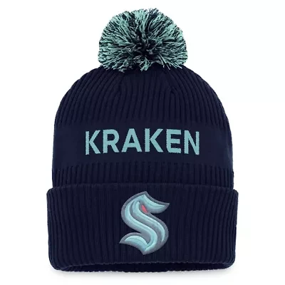 NHL Fanatics Deep Sea Blue/Light Seattle Kraken 2022 NHL Draft Authentic Pro Cuffed Knit Hat with Pom