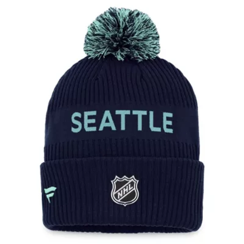 NHL Fanatics Deep Sea Blue/Light Seattle Kraken 2022 NHL Draft Authentic Pro Cuffed Knit Hat with Pom