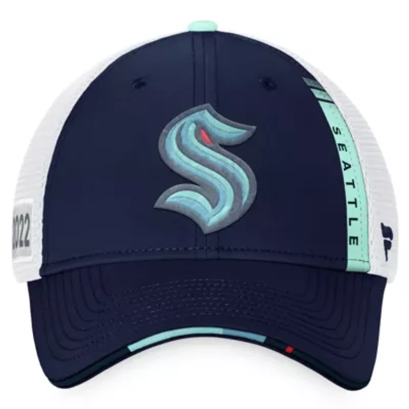 NHL Fanatics Navy/White Seattle Kraken 2022 NHL Draft Authentic Pro On Stage Trucker Adjustable Hat