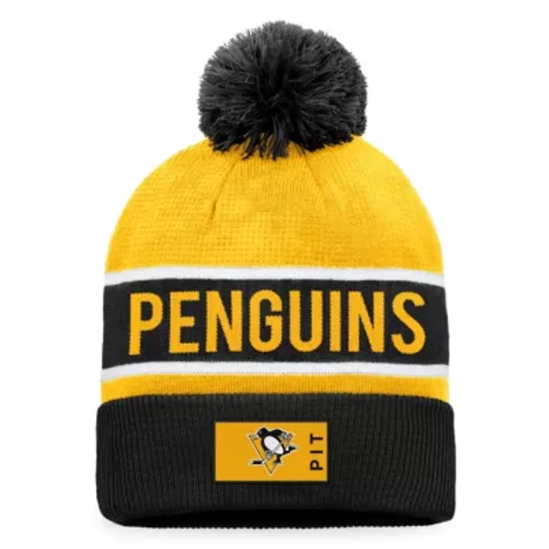 NHL Fanatics Black/Gold Pittsburgh Penguins Authentic Pro Rink Cuffed Knit Hat with Pom