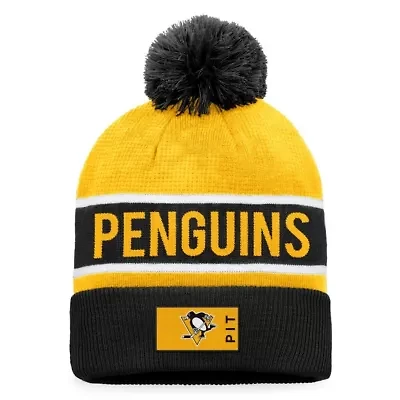 NHL Fanatics Black/Gold Pittsburgh Penguins Authentic Pro Rink Cuffed Knit Hat with Pom