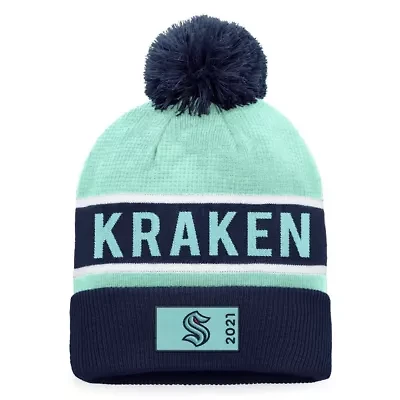 NHL Fanatics Deep Sea Blue/Light Seattle Kraken Authentic Pro Rink Cuffed Knit Hat with Pom