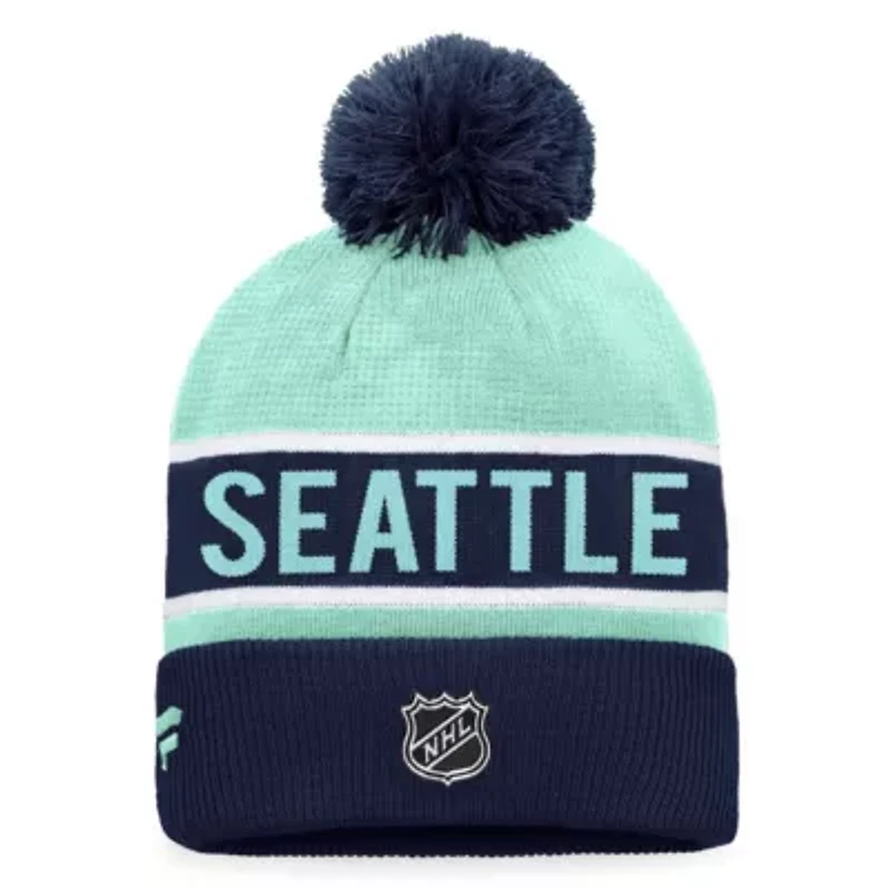 NHL Fanatics Deep Sea Blue/Light Seattle Kraken Authentic Pro Rink Cuffed Knit Hat with Pom