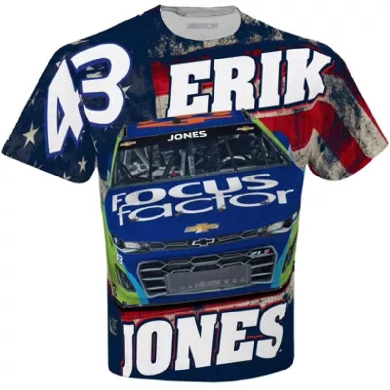NASCAR Checkered Flag Erik Jones FOCUS factor Sublimated Patriotic Total Print T-Shirt