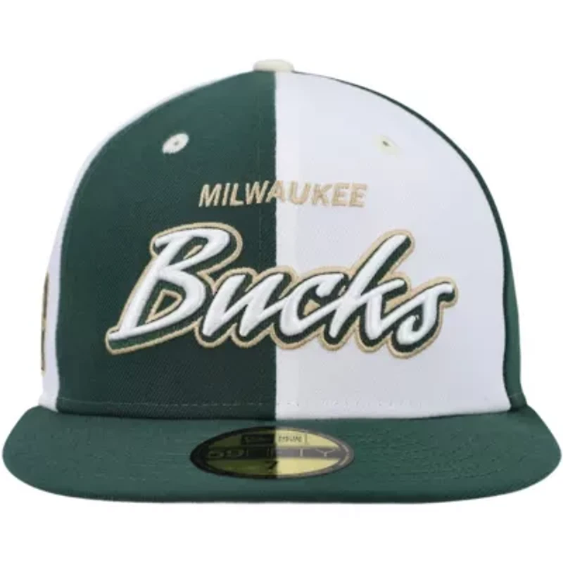 NBA Hunter Green/White Milwaukee Bucks Script Pinwheel 59FIFTY Fitted Hat