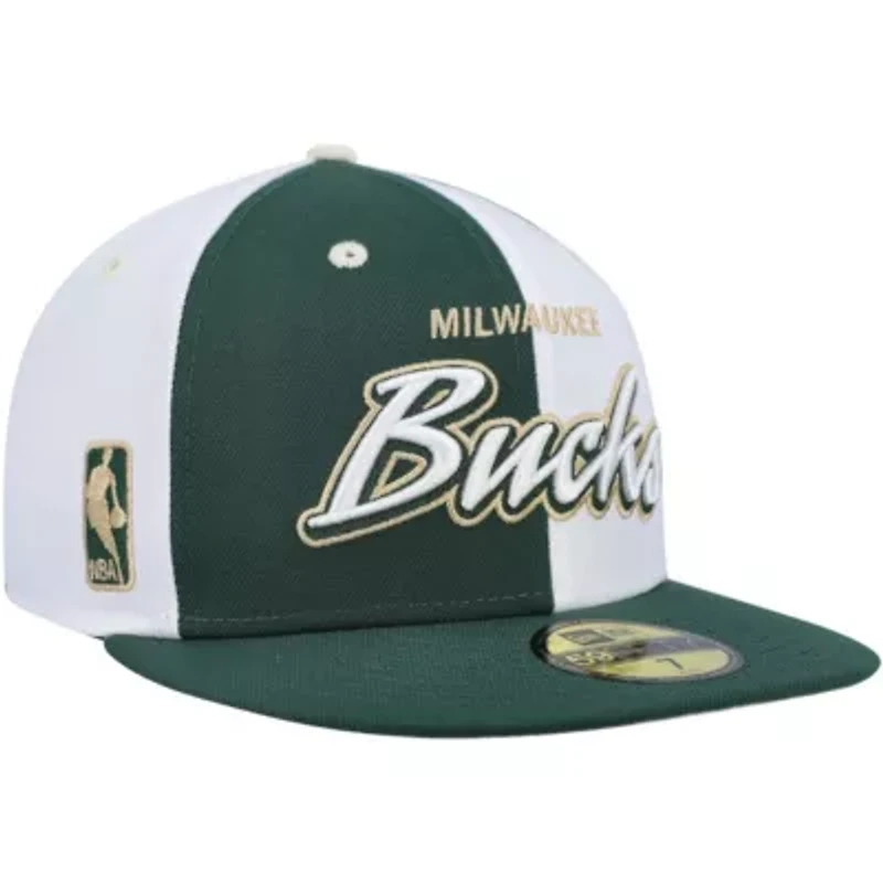 NBA Hunter Green/White Milwaukee Bucks Script Pinwheel 59FIFTY Fitted Hat