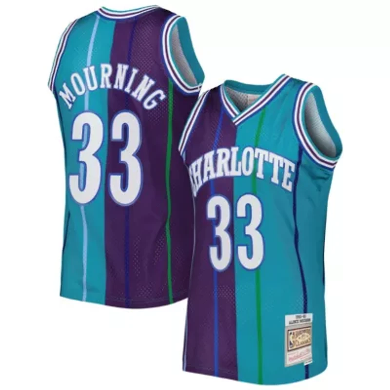 NBA Alonzo Mourning Teal/Purple Charlotte Hornets Hardwood Classics 1992/93 Split Swingman Jersey