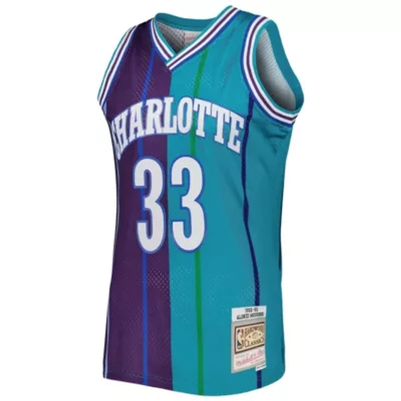 NBA Alonzo Mourning Teal/Purple Charlotte Hornets Hardwood Classics 1992/93 Split Swingman Jersey