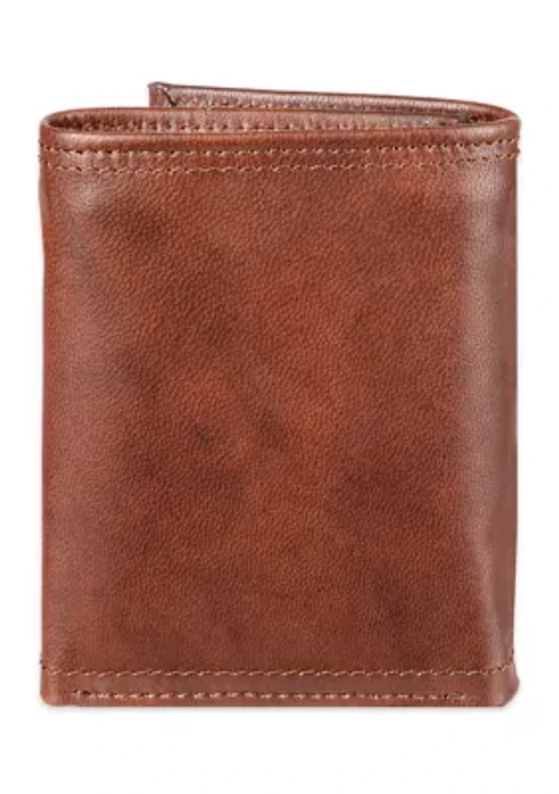 RFID Leather Extra Capacity Trifold Wallet with Interior Zipper