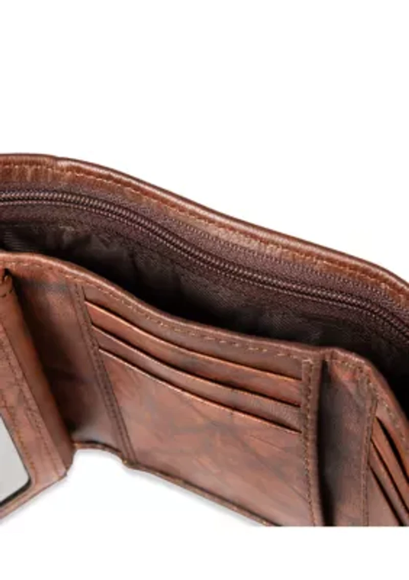 RFID Leather Extra Capacity Trifold Wallet with Interior Zipper