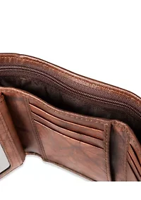 RFID Leather Extra Capacity Trifold Wallet with Interior Zipper