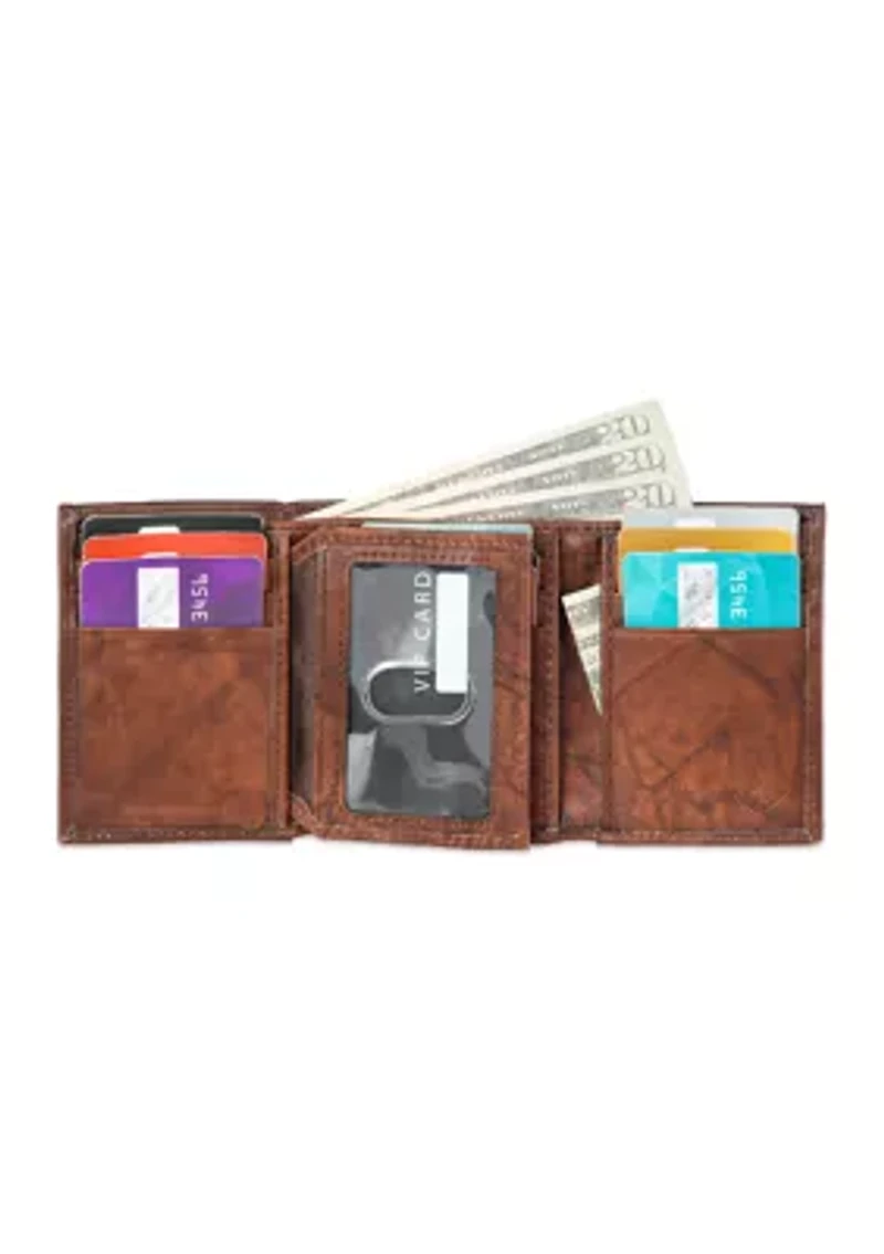 RFID Leather Extra Capacity Trifold Wallet with Interior Zipper