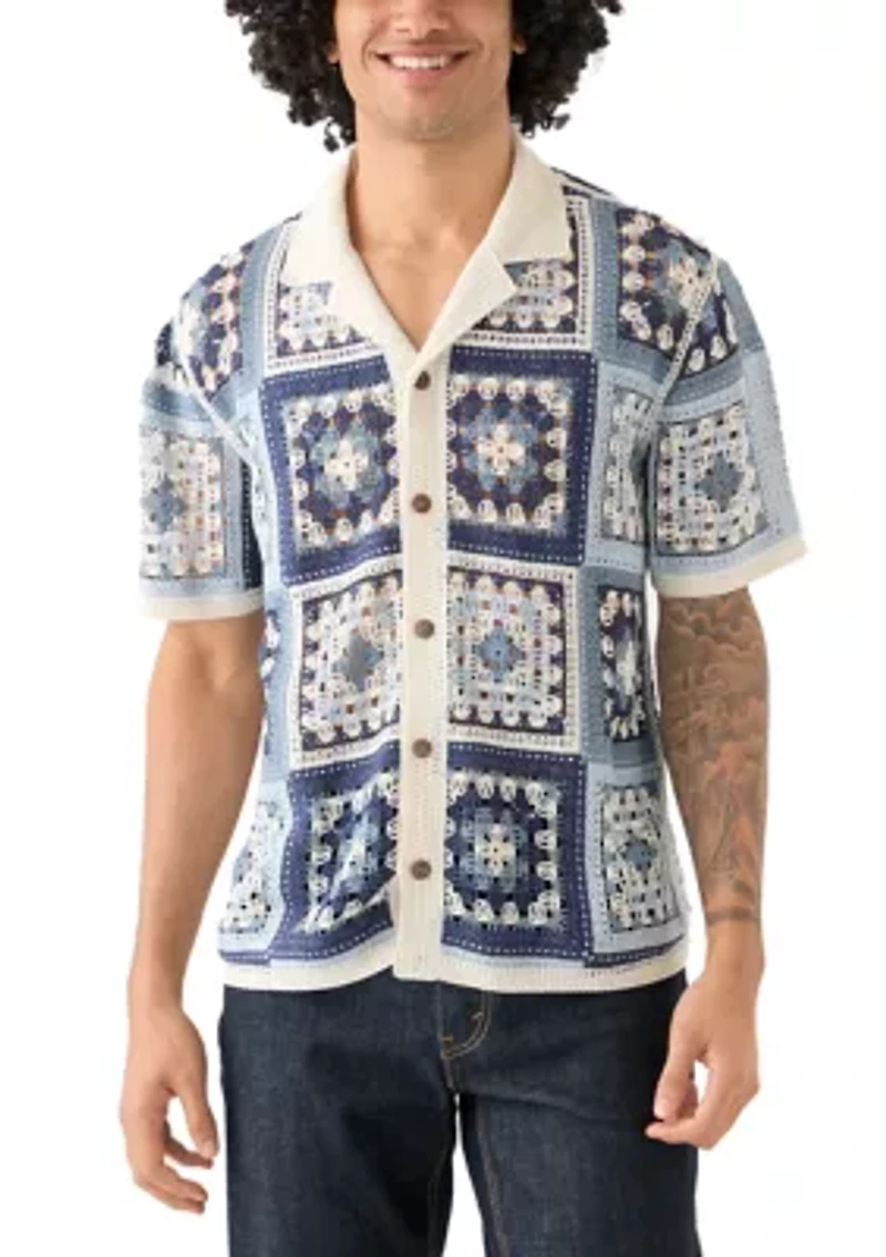 Men's Short Sleeve Notch Collar Crochet Shirt