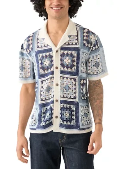Men's Short Sleeve Notch Collar Crochet Shirt