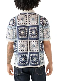 Men's Short Sleeve Notch Collar Crochet Shirt
