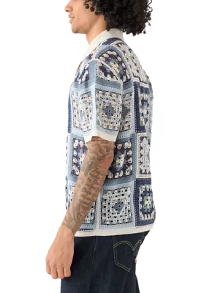 Men's Short Sleeve Notch Collar Crochet Shirt