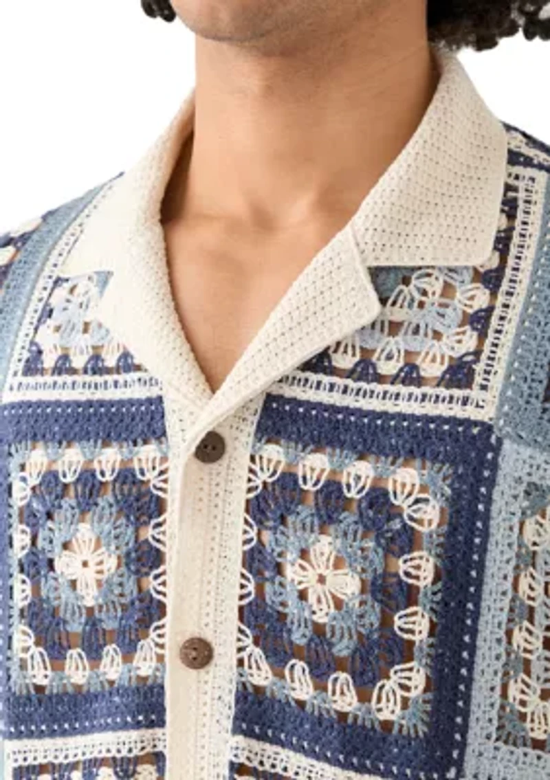 Men's Short Sleeve Notch Collar Crochet Shirt