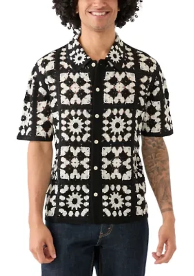 Men's Short Sleeve Crochet Button Down Shirt