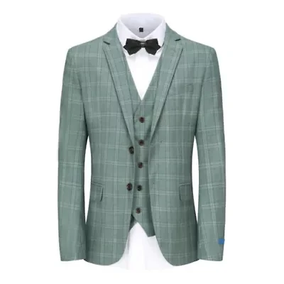 Men's 3 Piece Slim Fit Green Plaid Suit