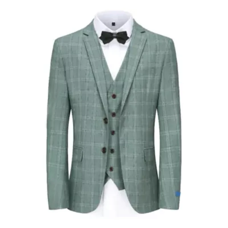 Men's 3 Piece Slim Fit Green Plaid Suit