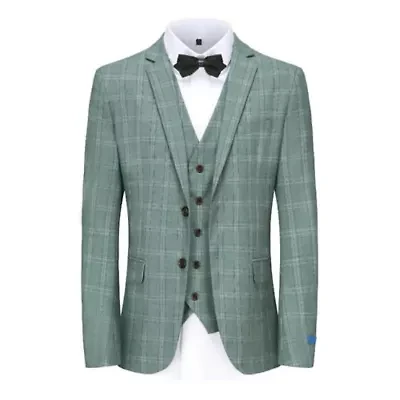 Men's 3 Piece Slim Fit Green Plaid Suit