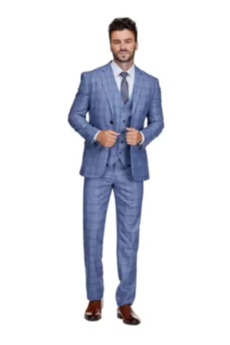 Men's 3-Piece Slim Fit Blue Plaid Suit