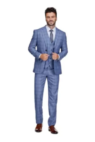 Men's 3-Piece Slim Fit Blue Plaid Suit
