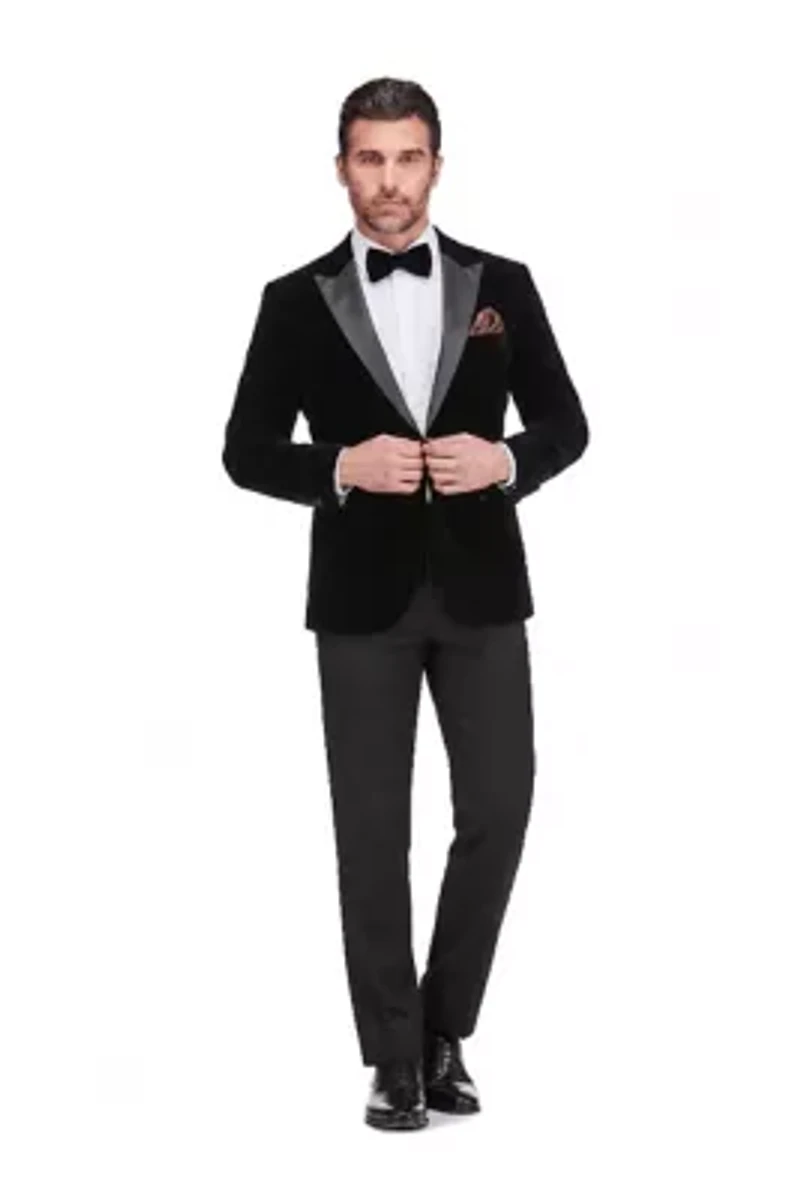 Men's 2-Piece Velvet Birdseye Lapel Slim-Fit Tuxedo With Performance Stretch Pants & Bow Tie