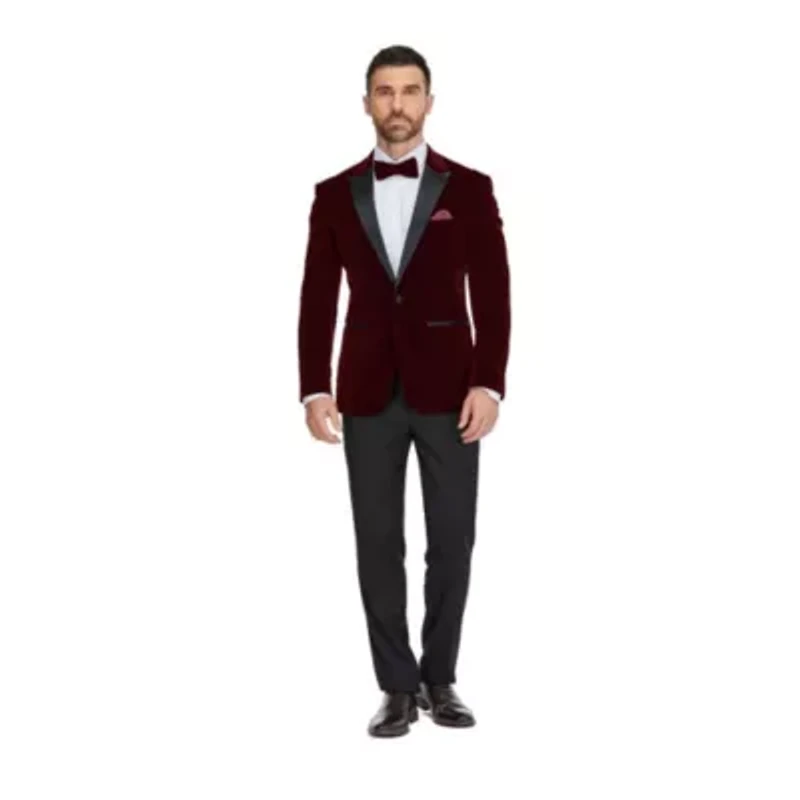 Men's 2-Piece Velvet Birdseye Lapel Slim-Fit Tuxedo With Performance Stretch Pants & Bow Tie
