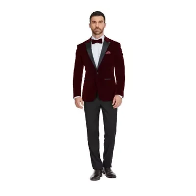 Men's 2-Piece Velvet Birdseye Lapel Slim-Fit Tuxedo With Performance Stretch Pants & Bow Tie