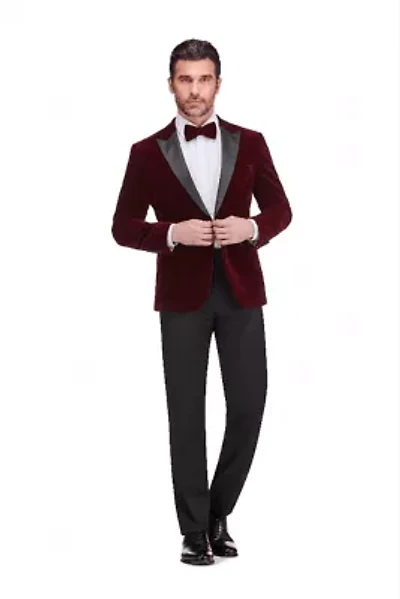 Men's 2-Piece Velvet Birdseye Lapel Slim-Fit Tuxedo With Performance Stretch Pants & Bow Tie
