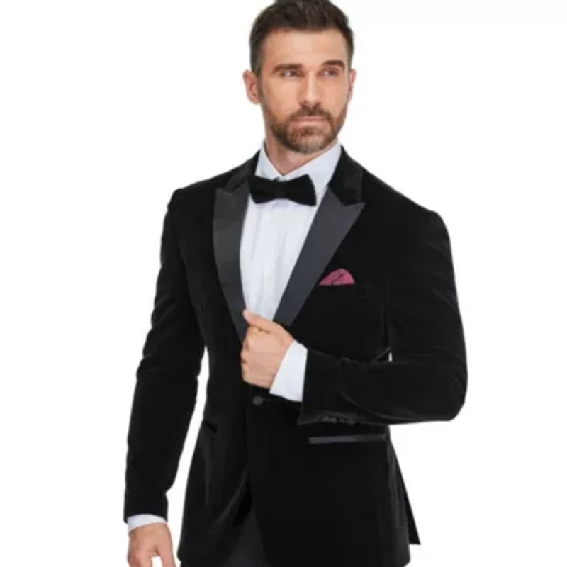Men's 2-Piece Velvet Birdseye Lapel Slim-Fit Tuxedo With Performance Stretch Pants & Bow Tie