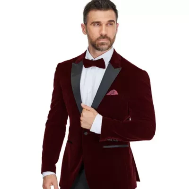 Men's 2-Piece Velvet Birdseye Lapel Slim-Fit Tuxedo With Performance Stretch Pants & Bow Tie