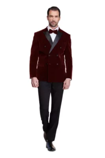 Men's 2-Piece Velvet Birdseye Lapel Double-Breasted Slim-Fit Tuxedo With Performance Stretch Pants