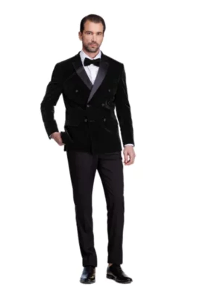 Men's 2-Piece Velvet Birdseye Lapel Double-Breasted Slim-Fit Tuxedo With Performance Stretch Pants