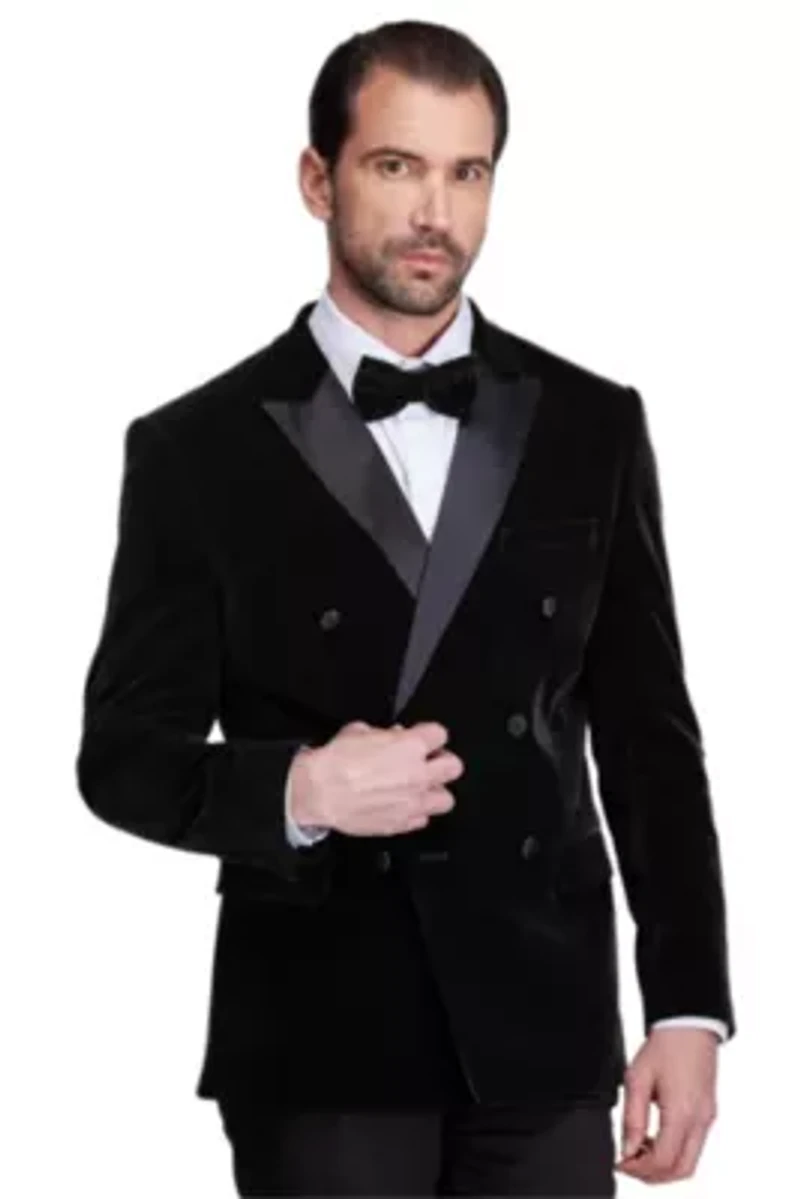 Men's 2-Piece Velvet Birdseye Lapel Double-Breasted Slim-Fit Tuxedo With Performance Stretch Pants