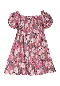 Toddler Girls Short Puff Sleeve Floral Printed Knit Dress