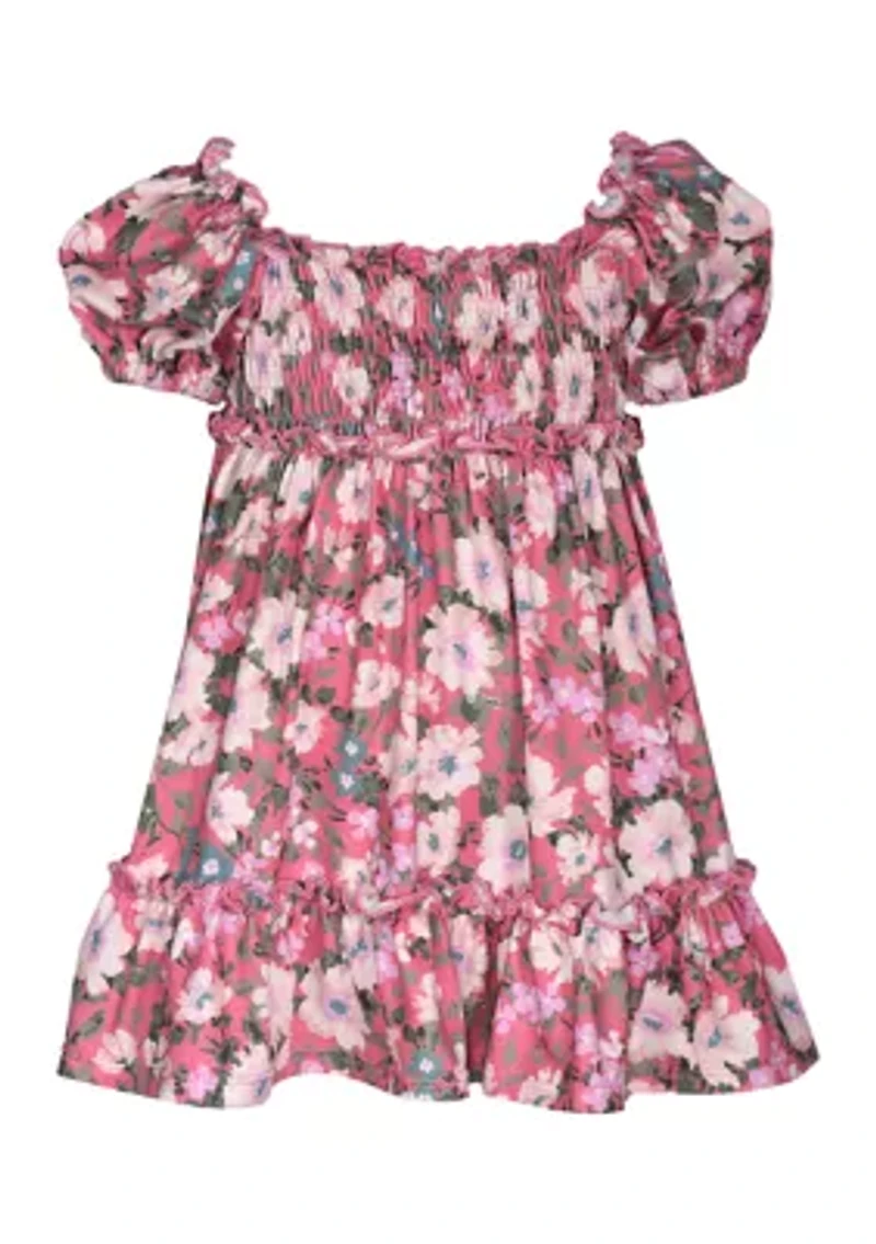 Toddler Girls Short Puff Sleeve Floral Printed Knit Dress