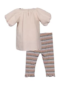 Toddler Girls Picot Flower Top and Striped Leggings Set