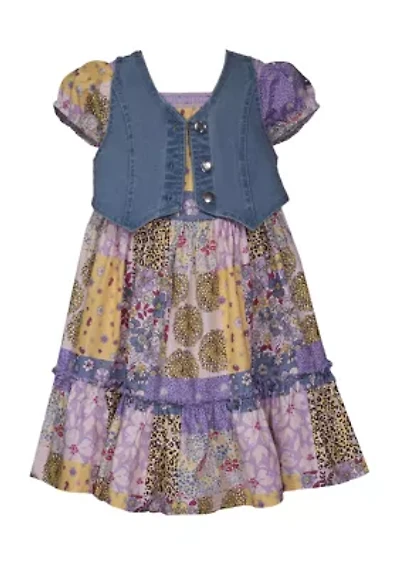 Toddler Girls Denim Vest with Patchwork Print Dress