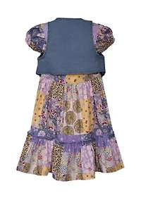 Toddler Girls Denim Vest with Patchwork Print Dress