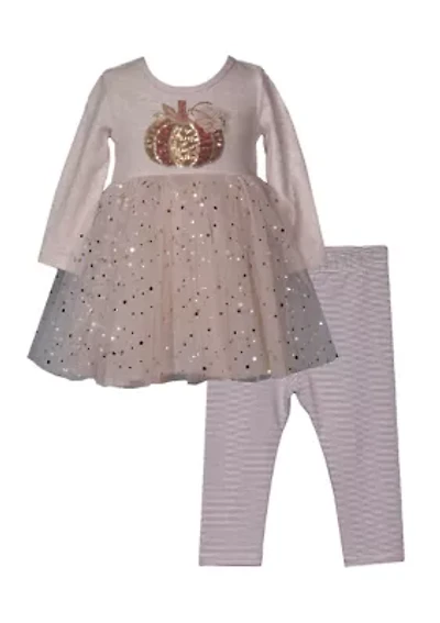 Toddler Girls Long Sleeve Sequin Pumpkin Shirt with Leggings