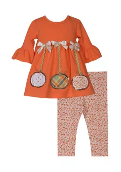 Toddler Girls 3/4 Sleeve Harvest Pumpkin Appliqué Top and Printed Leggings Set