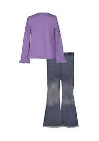 Toddler Girls Long Sleeve Boot Appliqué Top with Denim Flare Jeans