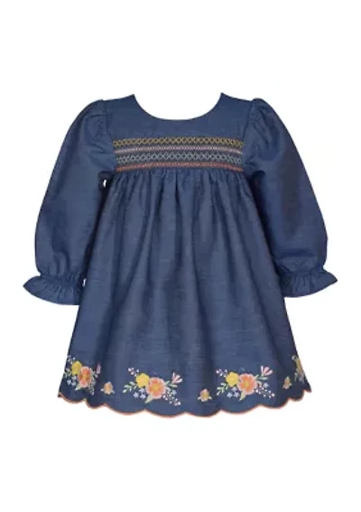 Toddler Girls Long Sleeve Denim Embroidered Dress